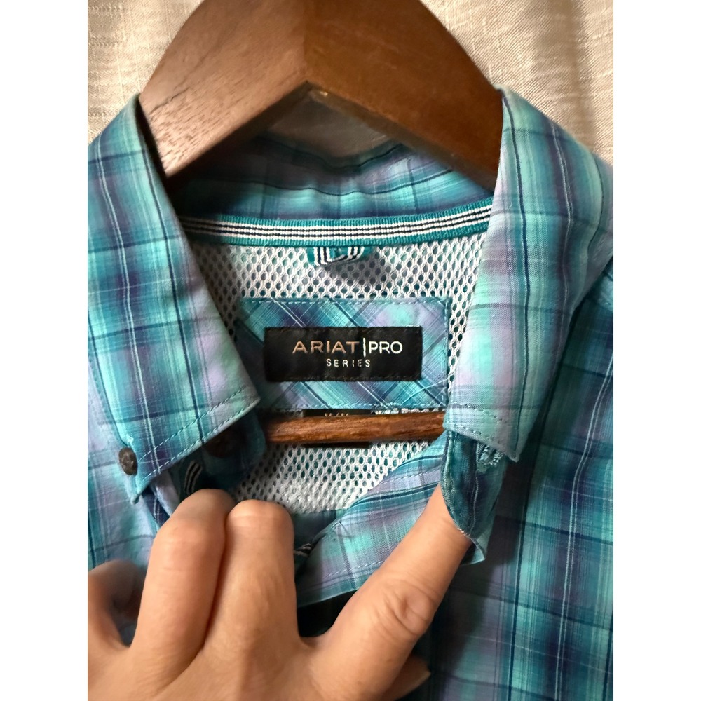 Ariat Pro Series Mens Plaid Long Sleeve Button Down Shirt Teal Blue Casual M - Picture 4 of 8